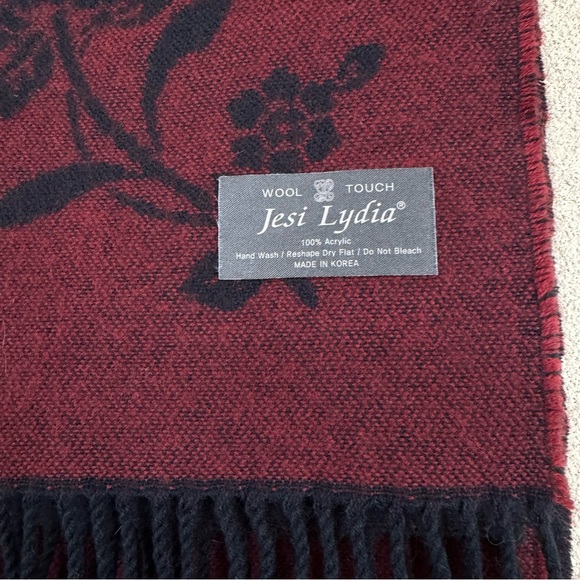 Jesi Lydia wool touch Burgundy/Wine and Black Floral Fringe Oversized Scarf/Wrap - Picture 9 of 9